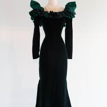 Spectacular Vintage Victor Costa Evergreen Emerald Velvet Mermaid Evening Gown / S