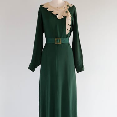 Lovely 1930's Elfin Green Rayon Crepe Dress in Forest Green / ML