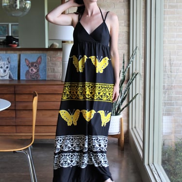 Vintage Hawaiian Dress, 70s Maxi Dress, Tori Richard for Liberty House, XS/S Women, butterfly print, halter 