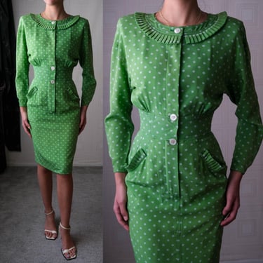 Vintage 90s VALENTINO Pistachio Green Silk Day Dress w/ White Polkadot Pleat Flare Cuff Sleeves  | Made in Italy | 1990s Designer Work Dress 