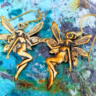 Brass Fairy Earrings~Vintage Earrings Art Nouveau Style Brass Fairy~Gifts for Her~JewelsandMetals. 