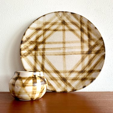 Midcentury Chatham Potters platter and bowl / plaid striped handmade ceramic dishes 