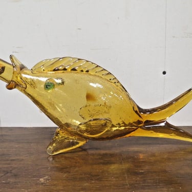 Vintage Mid Century Amber Crackle Glass Fish Wine Decanter W/ Green Eyes MCM 
