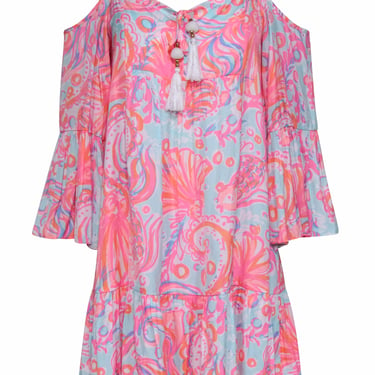Lilly Pulitzer - Pink, Orange, & Blue Shell Print Boho Swing Dress w/ Cold Shoulder Sz XS