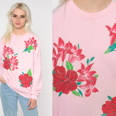 Floral Sweatshirt 80s 90s Baby Pink Flower Print Sweatshirt Retro Jerzees Glitter Paint Graphic Long Sleeve Shirt Boho Raglan Vintage Large 