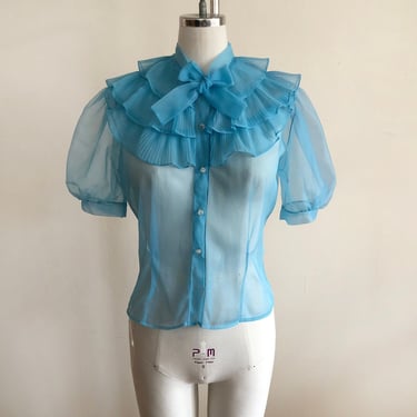 Sheer Bright Blue Nylon Blouse with Ruffled Collar and Necktie - 1950s 