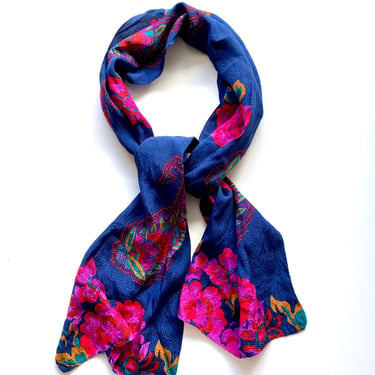 Vintage 80s 90s Floral Long Silk Floral Paisley Scarf // Hair Accessory 