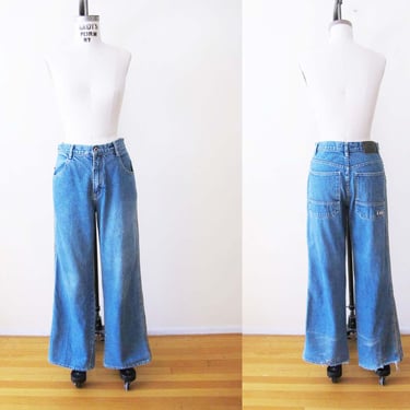 Vintage 2000s Denim Wide Leg Jeans 28 - Y2K High Waist Straight Wide Leg Frayed Hem Denim Pants Checkerboard Stripe 