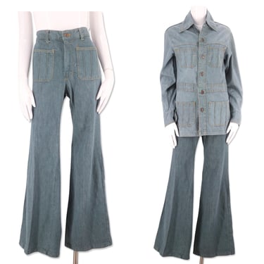 70s RAPPERS denim bell bottom suit 8 / vintage 1970s unisex gender neutral bell bottoms suit shirt jacket jeans flares 38 