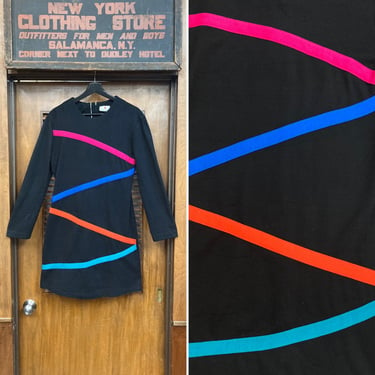 Vintage 1980’s Mod New Wave Knit Neon Stripe Black Shift Dress, Mod, 1980’s, Striped, Neon, Shift Dress, New Wave, Knit Dress, Black Dress, 