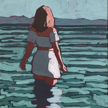 Woman in Ocean #5 - Original Acrylic Painting on Canvas 12 x 16, water, waves, swimsuit, turquoise, girl, fine art, michael van 
