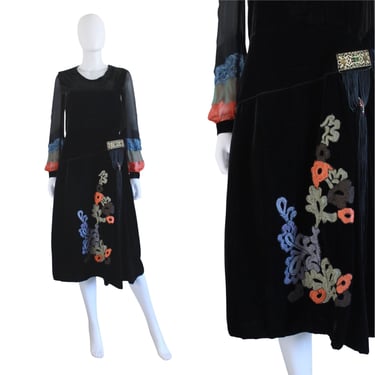 STUNNING 1920s Black Silk & Silk Velvet 2 Piece Dress Set with Embroidery and Fringe Tassel - 20s Autumn Dress - 20s Silk Dress | Size Small 