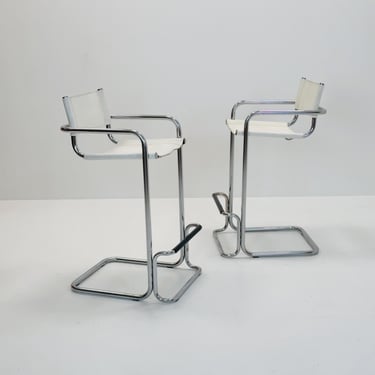 Set of 2 Mart Stam white leather and chrome Italian Mid-Century Modern barstools, 1970s 