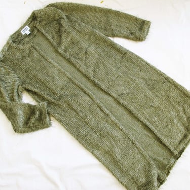 Vintage 2000s Shaggy Moss Green Duster Cardigan Jacket S M - Y2K Grunge Cozy Fall Fuzzy Long Buttonless Knit Sweater Woodland Whimsigoth 