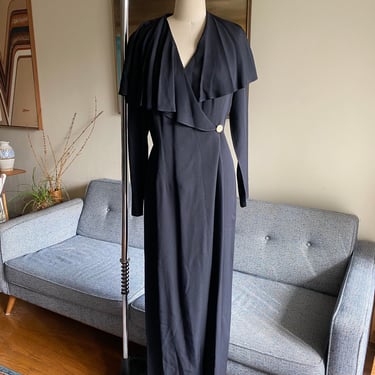 Vintage 90's Black Jumpsuit with a  Large Ruffle Collar, Minimalist Style, M L 