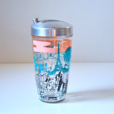 Vintage Glass Shaker with Paris Theme Graphics and Classic Cocktail Recipes, Retro Barware 