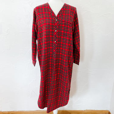 60s Red Cotton Flannel Plaid Henley Night Gown | Large 