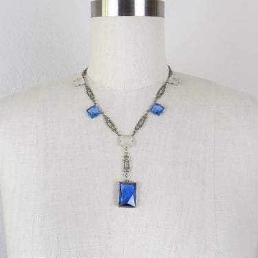 Vintage 1930s Czech glass necklace, art deco, lariat, crystal, blue and frosted glass 