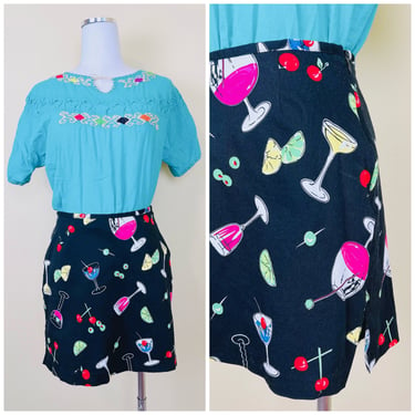 1990s Cotton and Spandex Black Colorful Novelty Print Skort / High Waisted Cocktail Martini Shorts Mini / Size Small 