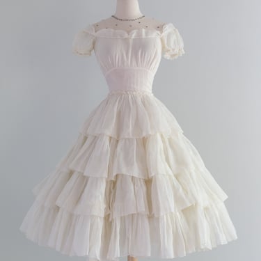 Darling 1950's Ivory Organdy Tiered Party Dress W/ Sash / Small