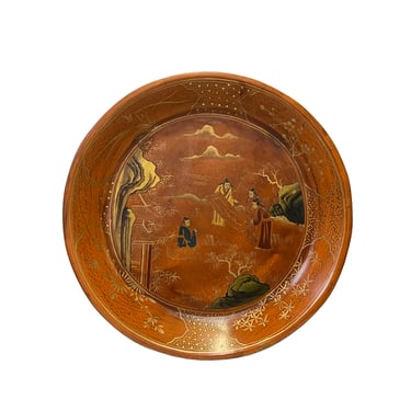 Chinoiseries Golden Graphic Brown Lacquer Round Display Disc Plate Tray ws3368E 
