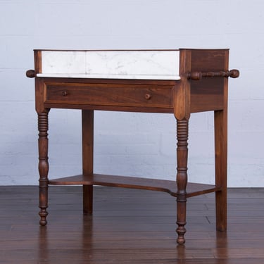 Antique Country French Provincial Louis Philippe Walnut Wash Table or Vanity W/ White Marble Top 