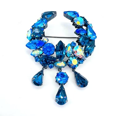 Impressive Austria Rhinestone Vintage Brooch Blues Ab Dangle 