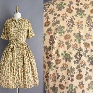 1950s dress | Adorable Botanical Floral Print Full Skirt Shirtwaist Dress | Medium | 50s vintage dress 
