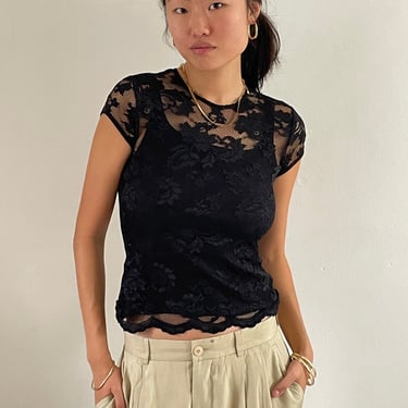 90s lace tee T-shirt / vintage black sheer see through thru stretch lace crewneck short cap sleeve tee T shirt | Medium 