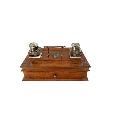 Antique Wooden Desk Set With Glass Inkwells 