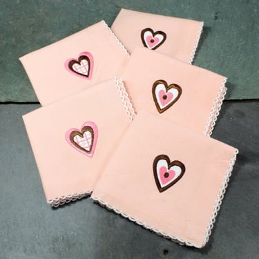 Set of 5 Vintage Peachy Pink Cotton Handkerchiefs/Napkins with Embroidered Hearts | Vintage Wedding | Vintage Valentines Day | Bixley Shop 