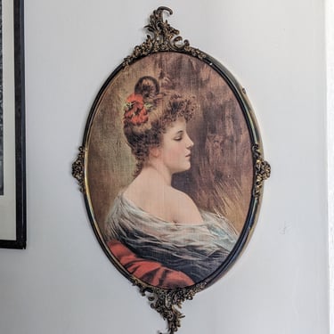 Antique Ornate Brass Art Nouveau Oval Framed Woman's Portrait 