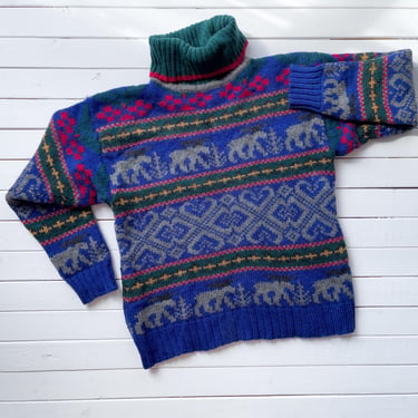 Eddie Bauer sweater 90s vintage blue wool moose Fair Isle turtleneck sweater 