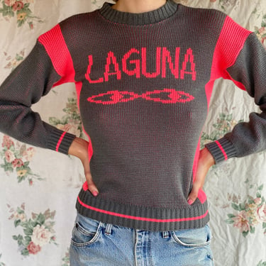 90's Surfer Sweater / Laguna Beach California Sportswear / Intarsia Loungewear / 80's 90's Neon Hot Pink and Gray Knit Top / Surf Pullover 