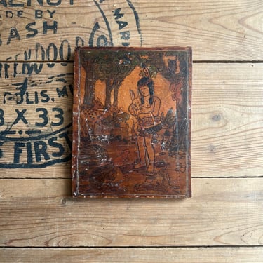 Vintage Pyrography Wood American Indian Scene 