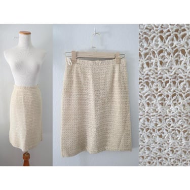 Vintage Crochet Mini Skirt - 60s 70s High Waisted Cream Woven Skirt - Size XS 