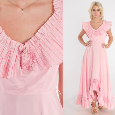 Pink Prom Dress 70s Party Dress Ruffled High Waist Fit & Flare Full Skirt Maxi Dress Retro Girly Formal Gown Vintage 1970s Extra Small XS 