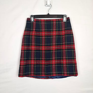 Vintage 80s Red & Navy Blue Plaid Wool Mini Skirt, Size Small 