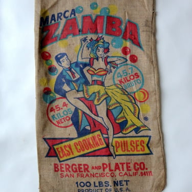 Vintage Burlap Feed Sack Marca Zamba Berger & Plate Co San Francisco CA Bag Printed Advertising Up-cycle Project Cutter Fabric Jute Tote 