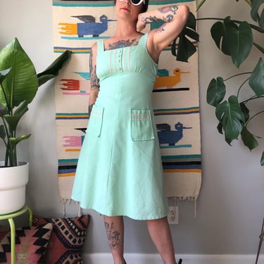 Vintage 70's mint chip spring green sun dress / 1970's spring summer dress / Pockets / Women's size XS - Small by Ru