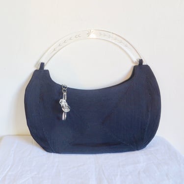 1940's Dark Navy Blue Corde Purse Clear Etched Lucite Handle and Zipper Clasp Larger Size Rockabilly 40's Handbags WW2 Era Purses 