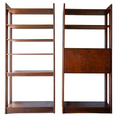 Pair of Walnut Free Standing Bookcases with Bar or Desk Cabinet, ca. 1970