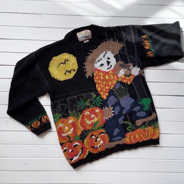 Halloween sweater 90s vintage Crystal Kobe scarecrow pumpkin farm hand knit sweater 