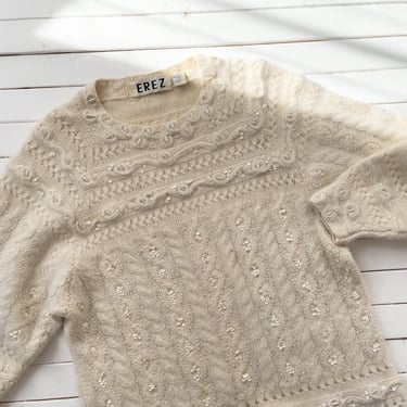 cream wool sweater 80s vintage EREZ long beaded angora sweater 