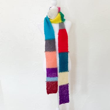 70s/80s Mohair Handmade Extra Long Skinny Rainbow Colorblock Striped Lacy Scarf | One Size 