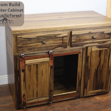 Cat Litter Box Storage with Drawers & Cabinet - Sliding barn doors / Cat Home / Kitty House / Litter / Rustic Pet / Pet furniture 
