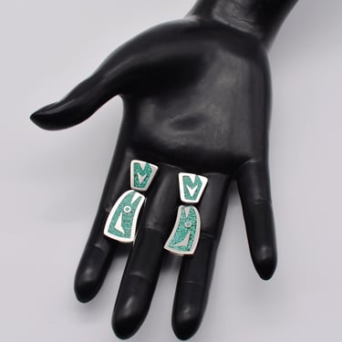 80's Taxco sterling crushed turquoise hinged dangles, Mexico TA-76 inlaid 925 silver Modernist stud earrings 