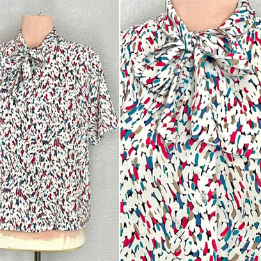 Vintage Pussy Bow Blouse, Abstract Design, High Neck, Silky Polyester Top, Vintage 