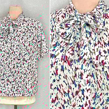 Vintage Pussy Bow Blouse, Abstract Design, High Neck, Silky Polyester Top, Vintage 