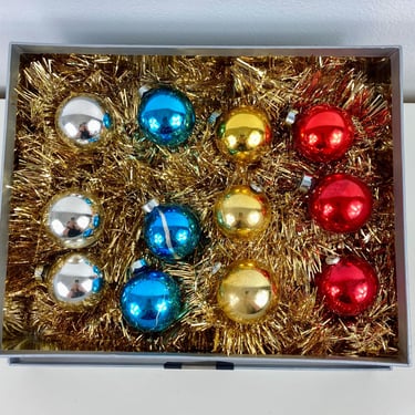 Vintage Christmas Ornament Set of 12, Red, Gold, Silver & blue Small Mercury Glass 1.75